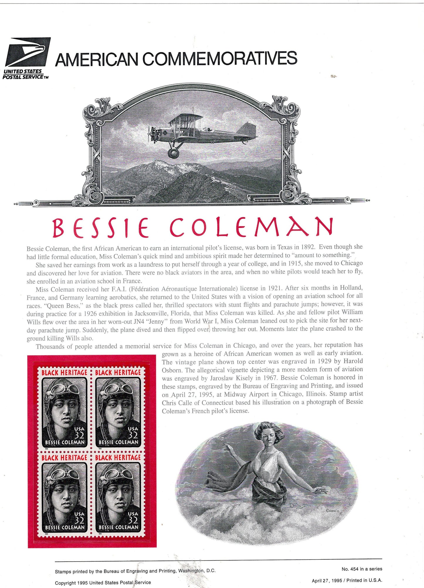 BESSIE COLEMAN Black Heritage Aviator Plane Pilot Commemorative Panel w/ Block of 4 Stamps Illustrations Text Great Gift 8.5x11-95 FreShpUSA