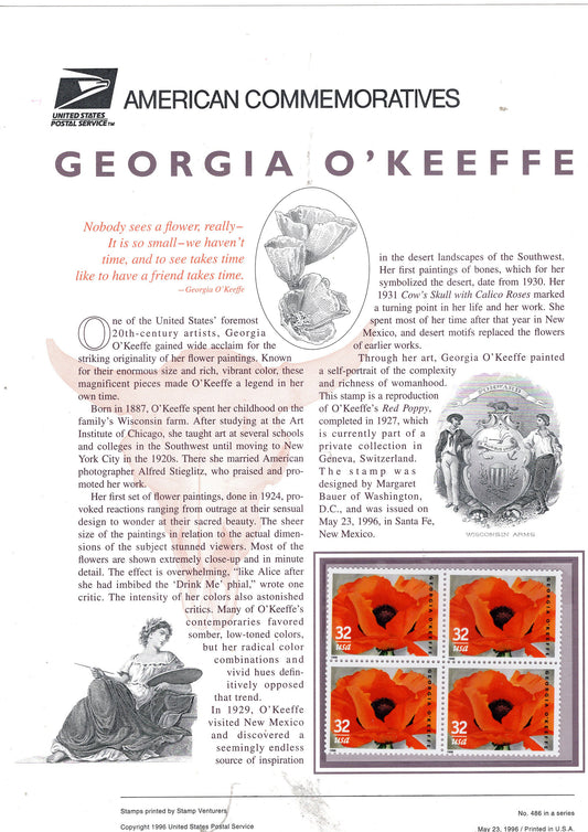 GEORGIA O'KEEFFE PAINTER Art Artist Poppy Flowers Commemorative Panel+4 Stamps Illustrations Text Great Gift 8.5x11 '96 Keefe