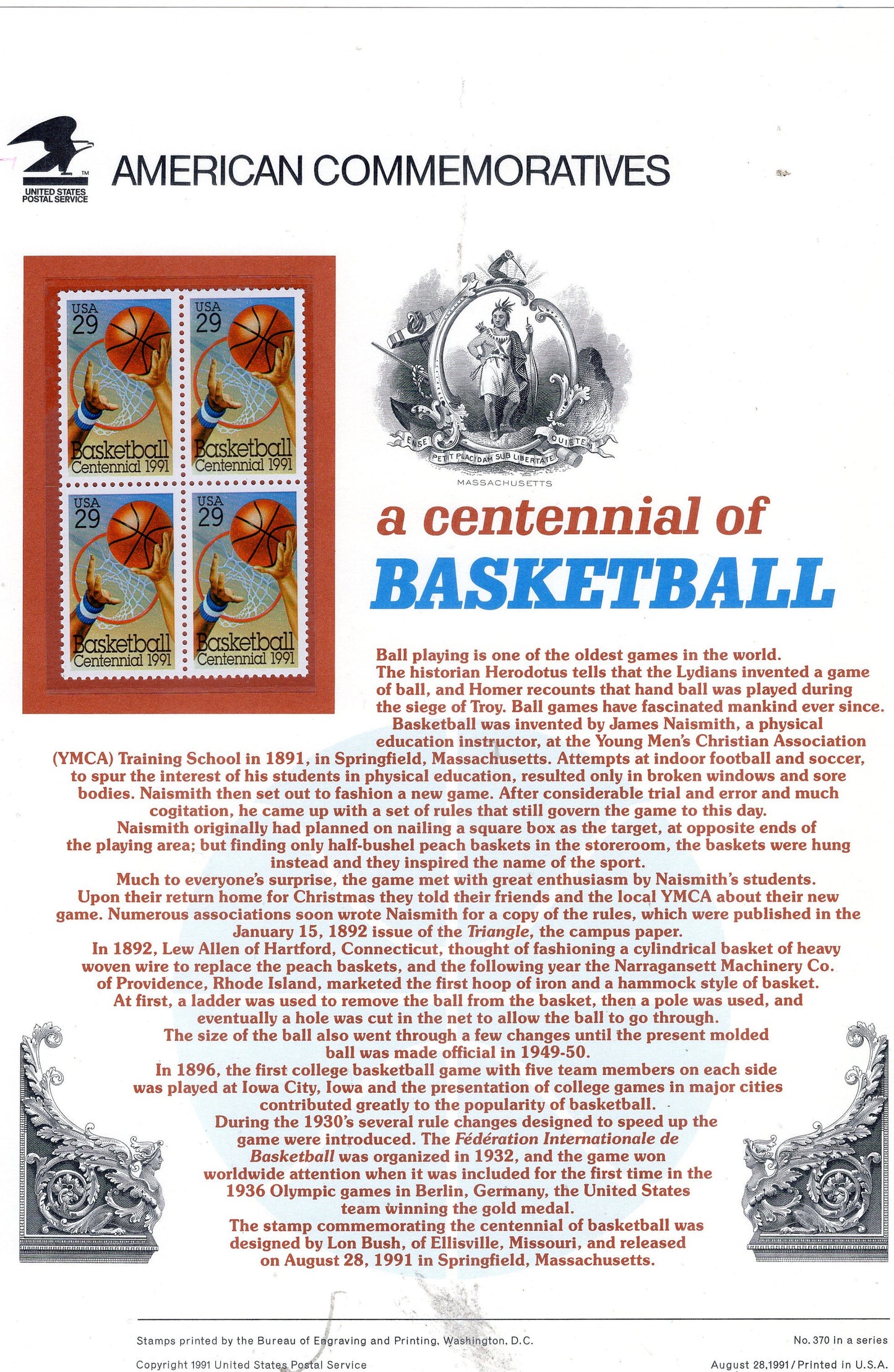 BASKETBALL CENTENNIAL NAISMITH Sport Hoop Commemorative Panel with Stamps - Illustrations - Text - Great Gift - 8.5x11 