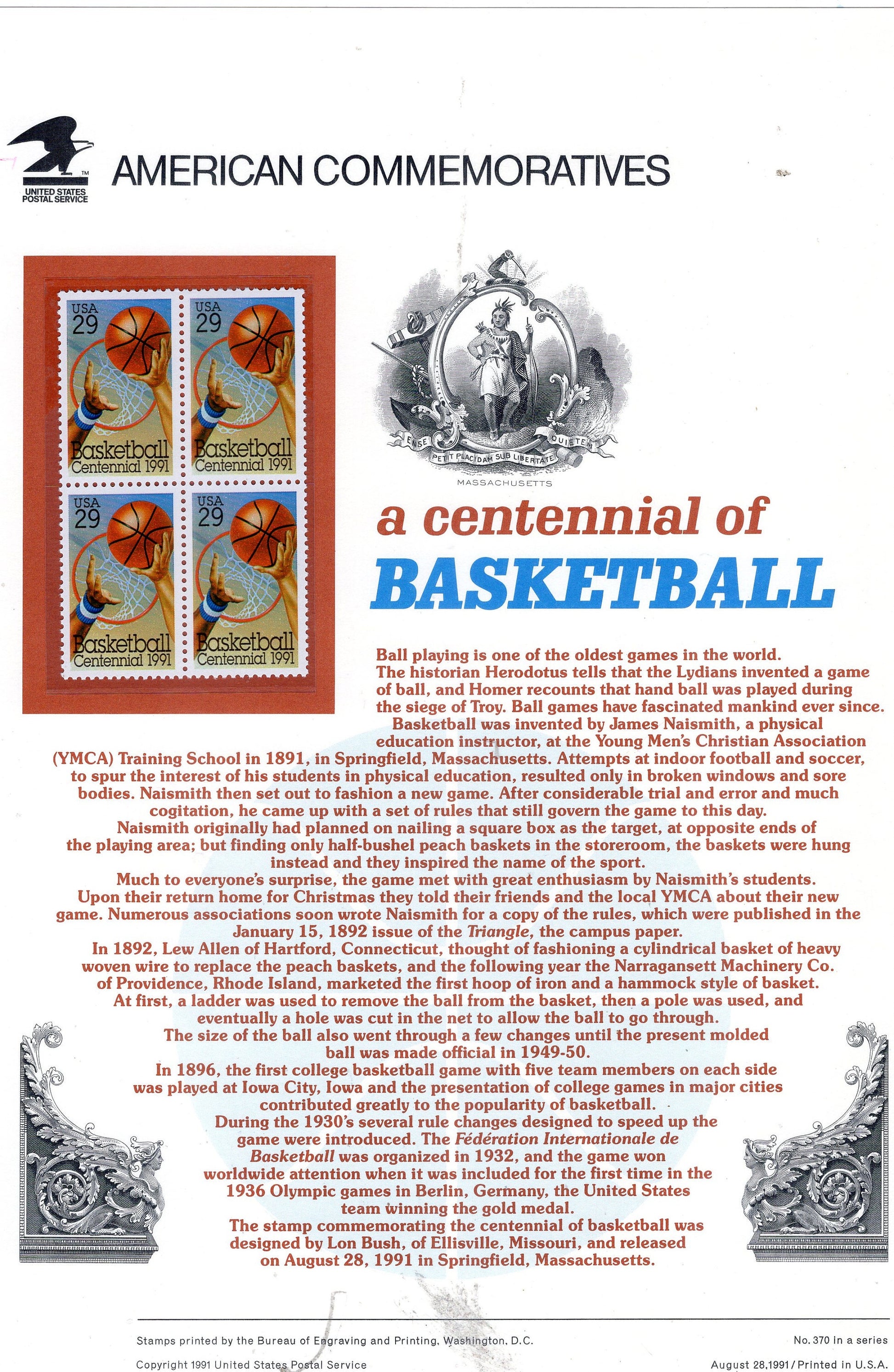 BASKETBALL CENTENNIAL NAISMITH Sport Hoop Commemorative Panel with Stamps - Illustrations - Text - Great Gift - 8.5x11 