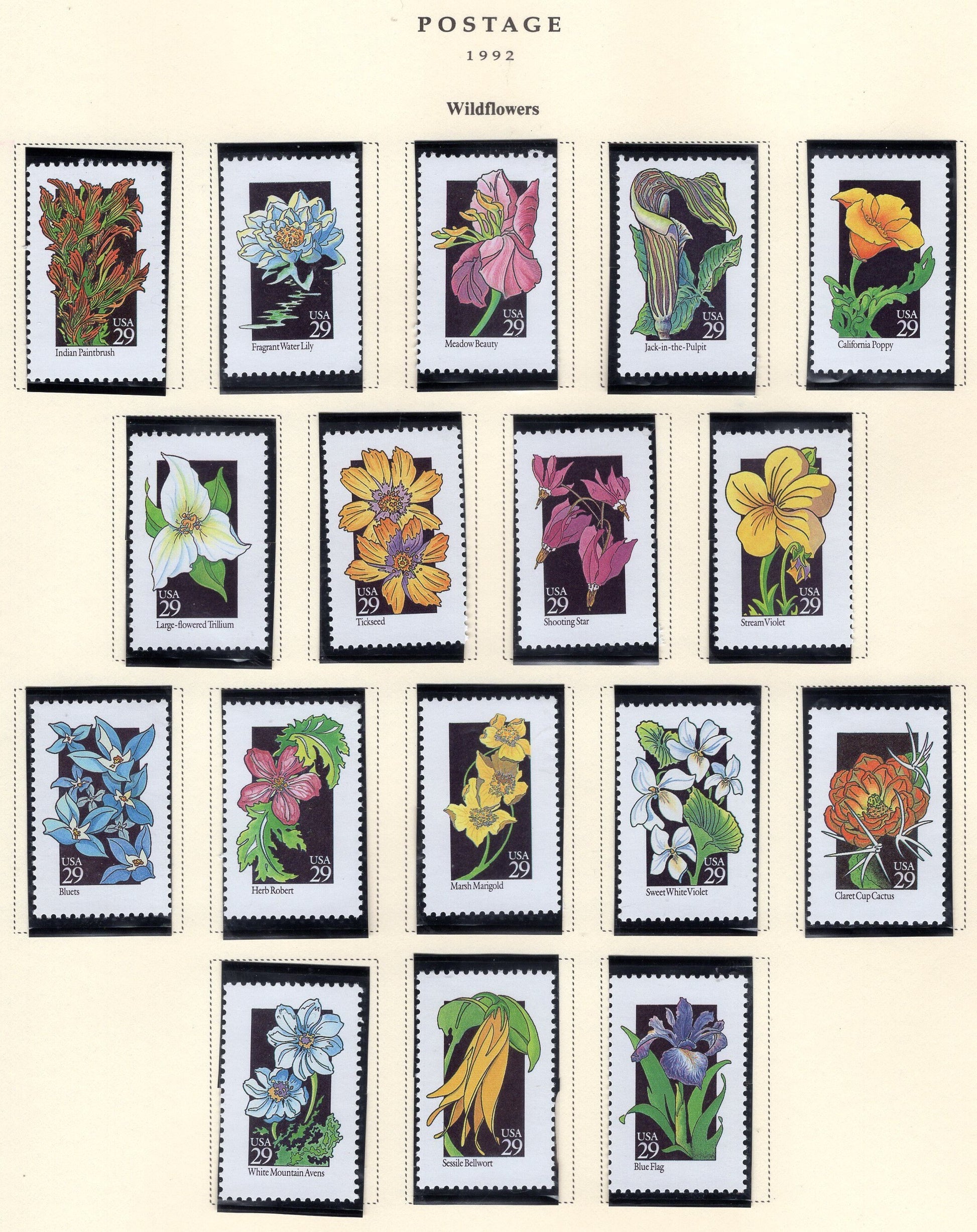 50 WILDFLOWERS WILD FLOWERS - All Different Fresh Bright Usa 29c Stamps - Please See the 3 Scans -Vintage 1992 - Stock#2647SN FreeUSA Ship