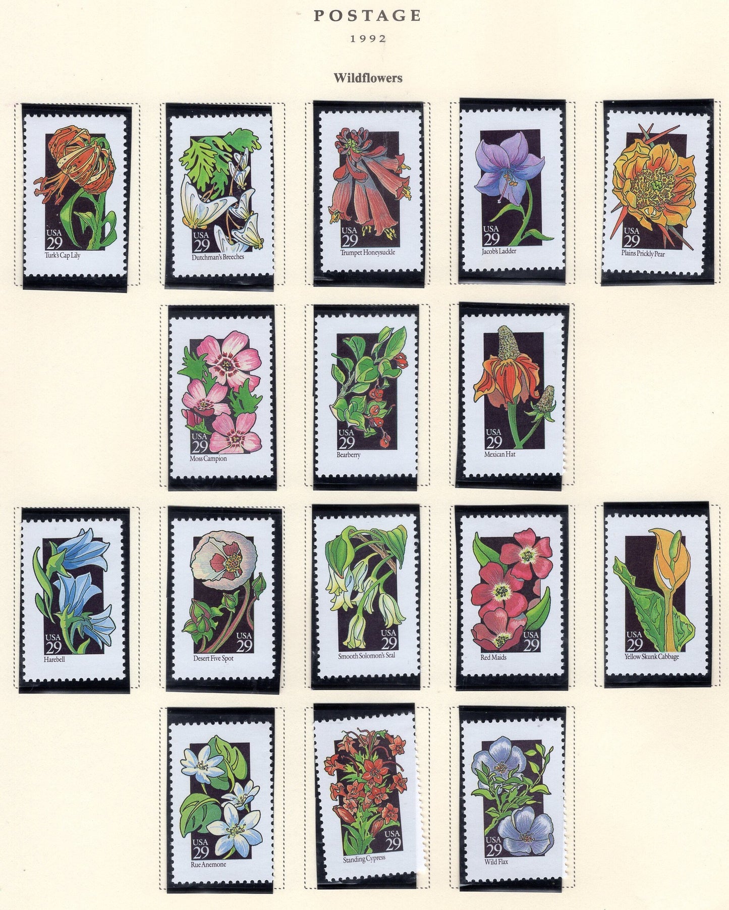 50 WILDFLOWERS WILD FLOWERS - All Different Fresh Bright Usa 29c Stamps - Please See the 3 Scans -Vintage 1992 - Stock#2647SN FreeUSA Ship
