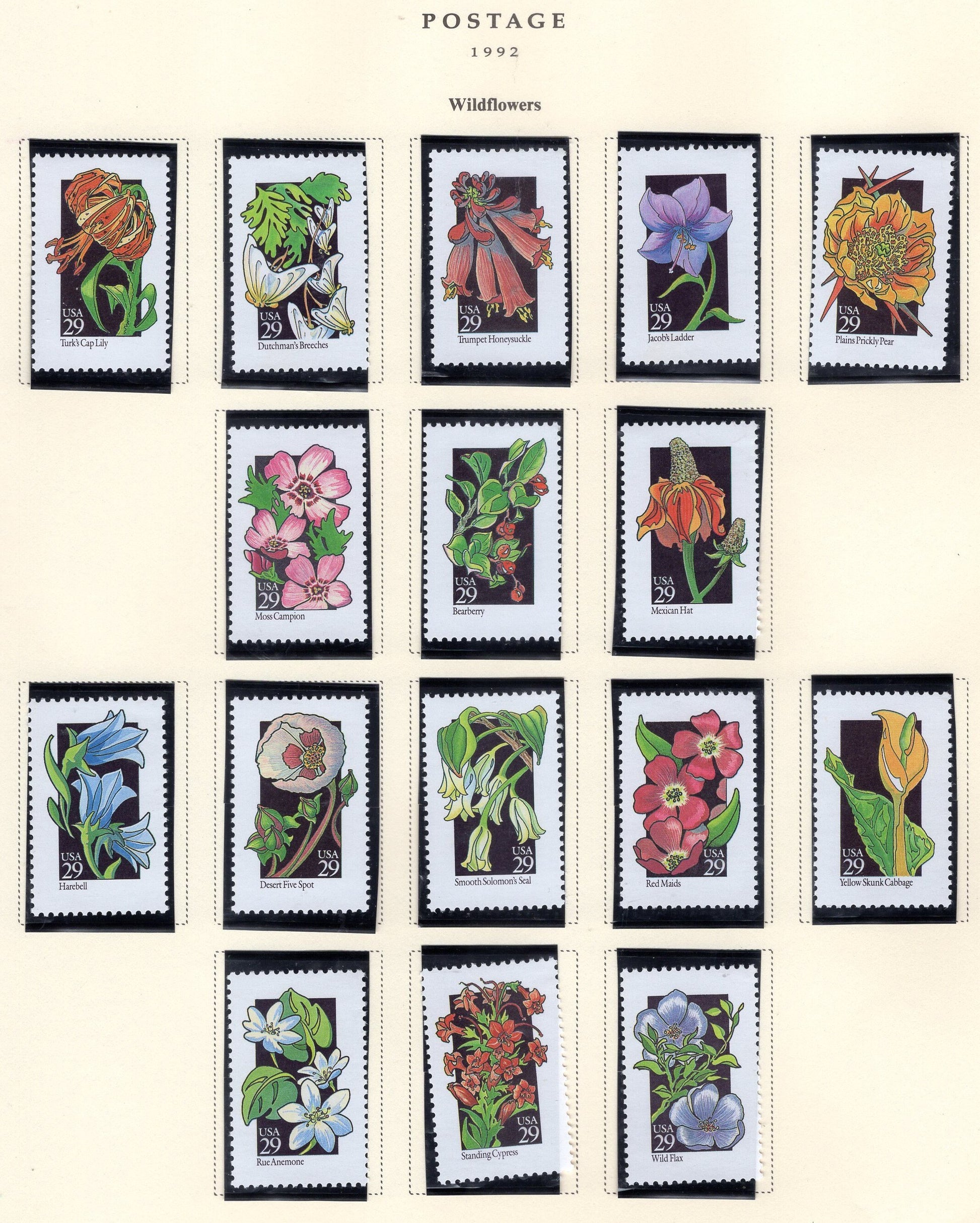 50 WILDFLOWERS WILD FLOWERS - All Different Fresh Bright Usa 29c Stamps - Please See the 3 Scans -Vintage 1992 - Stock#2647SN FreeUSA Ship