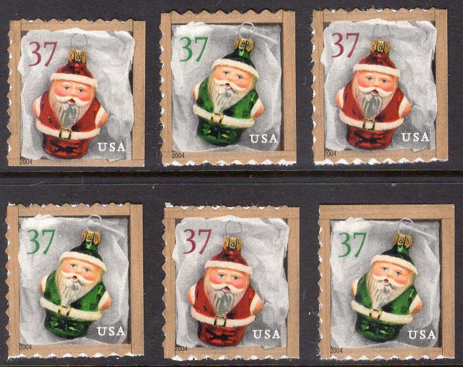 12 CHRISTMAS SANTA ORNAMENTS Cute! Red x6 + Green x6 (only 3 each are shown in the scan) Self-adhesive 37c ping