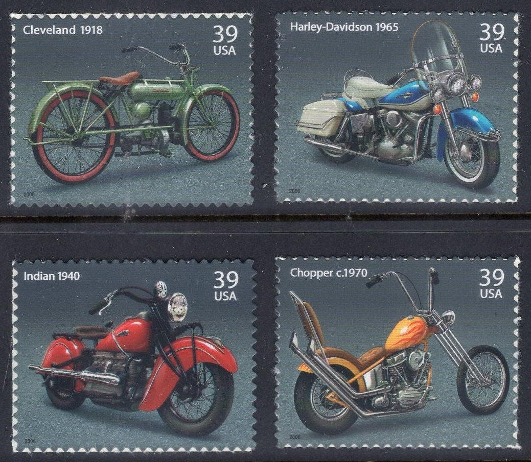 8 MOTORCYCLES - 2 each of: HARLEY-DAVIDSON Indian Cleveland Generic Chopper Bright Fresh USa Postage Stamps - Stock# 4085 