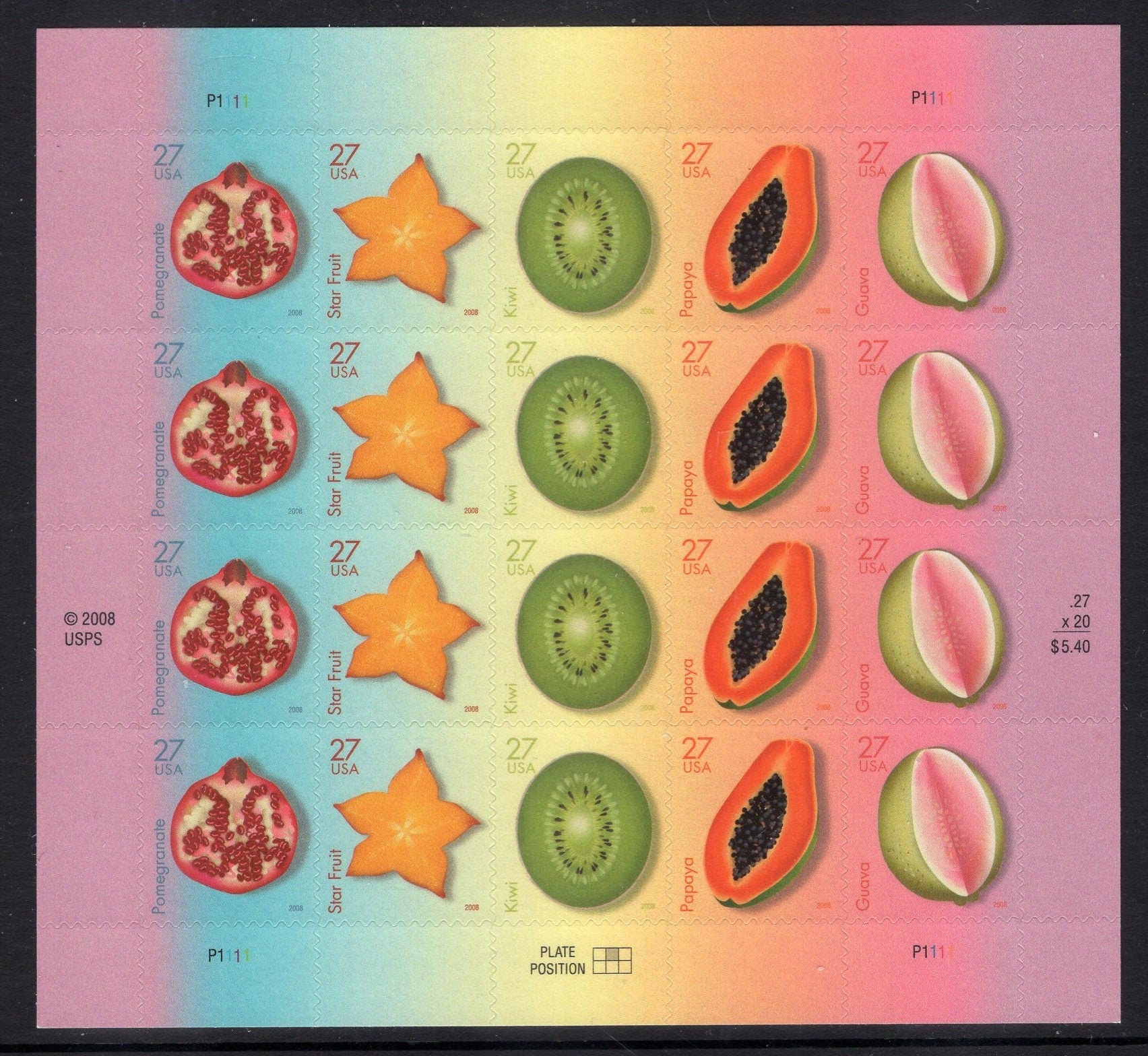 TROPICAL FRUITS inc KIWI Guava Papaya Star Pomegranate Sheet of 20 Unused USa Postage Stamps - Stock# 4253 ping
