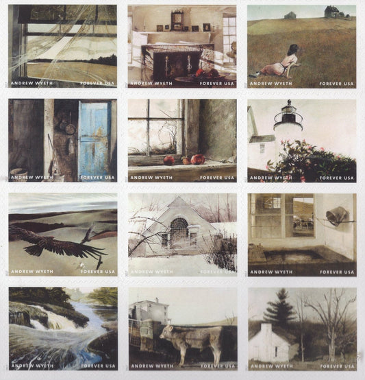 12 WYETH PAINTINGS inc CHRISTINA'S World - Single Stamps - Bright and Fresh- Vintage 2017 - Stock# 5212a-l 