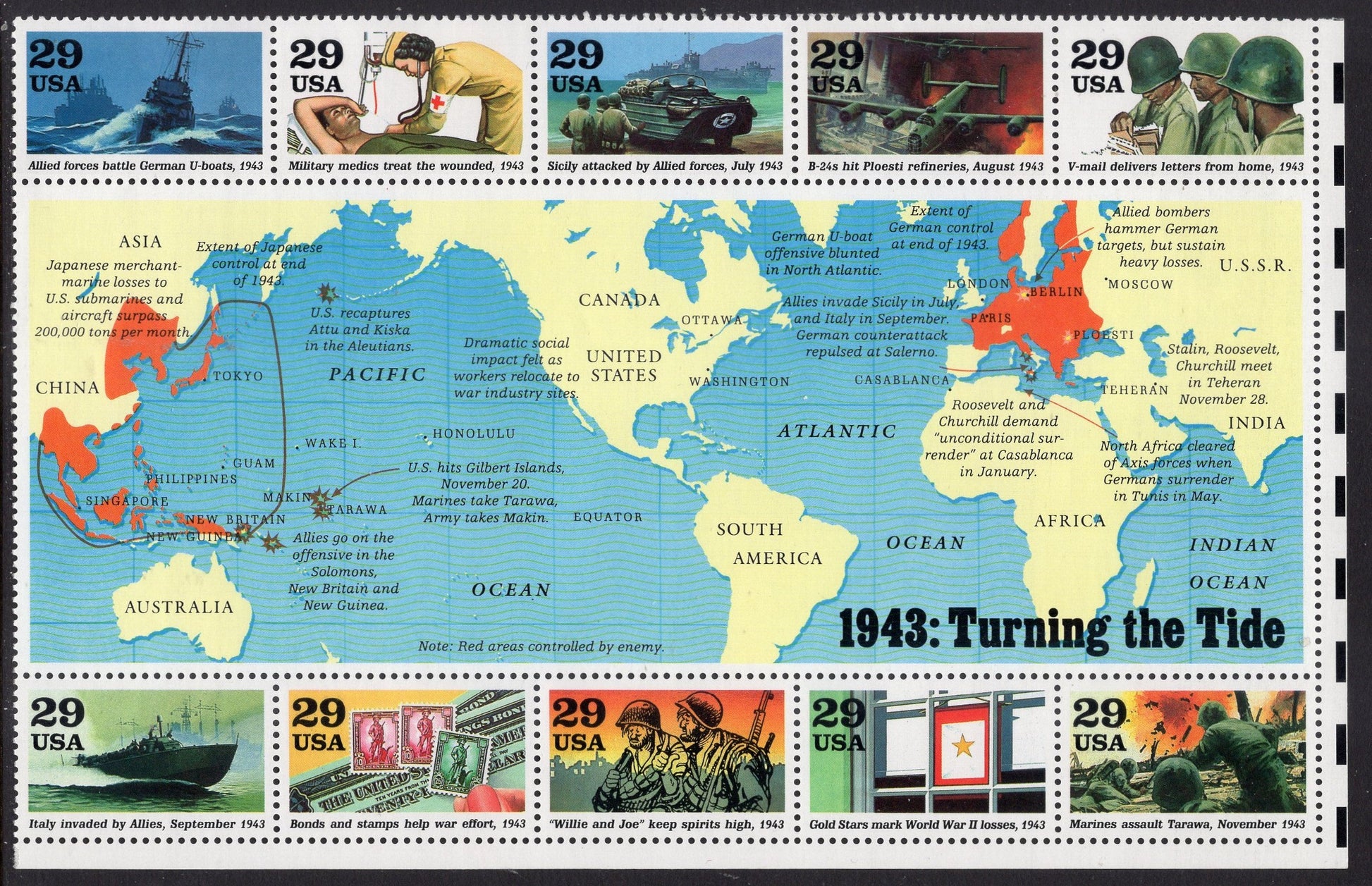 50 WORLD WAR II 2 United States Mint Stamps -Complete Collection of 5 Sheets of 10 (see 5 additional scans) - Vintage 1991-95 