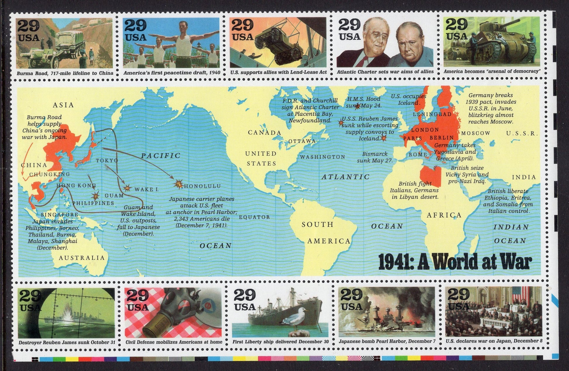 50 WORLD WAR II 2 United States Mint Stamps -Complete Collection of 5 Sheets of 10 (see 5 additional scans) - Vintage 1991-95 