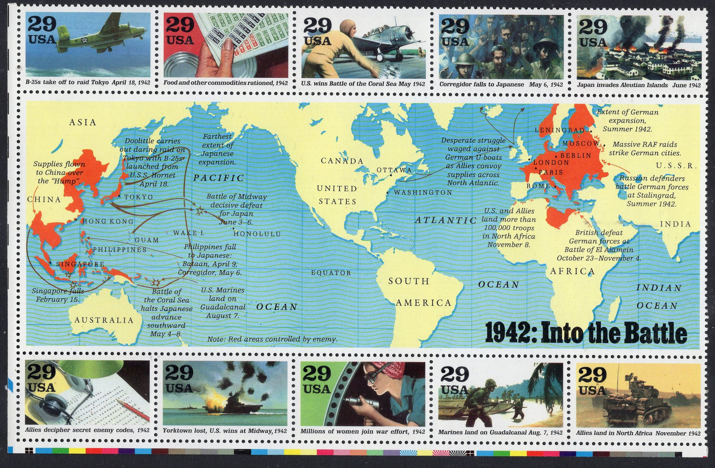 50 WORLD WAR II 2 United States Mint Stamps -Complete Collection of 5 Sheets of 10 (see 5 additional scans) - Vintage 1991-95 