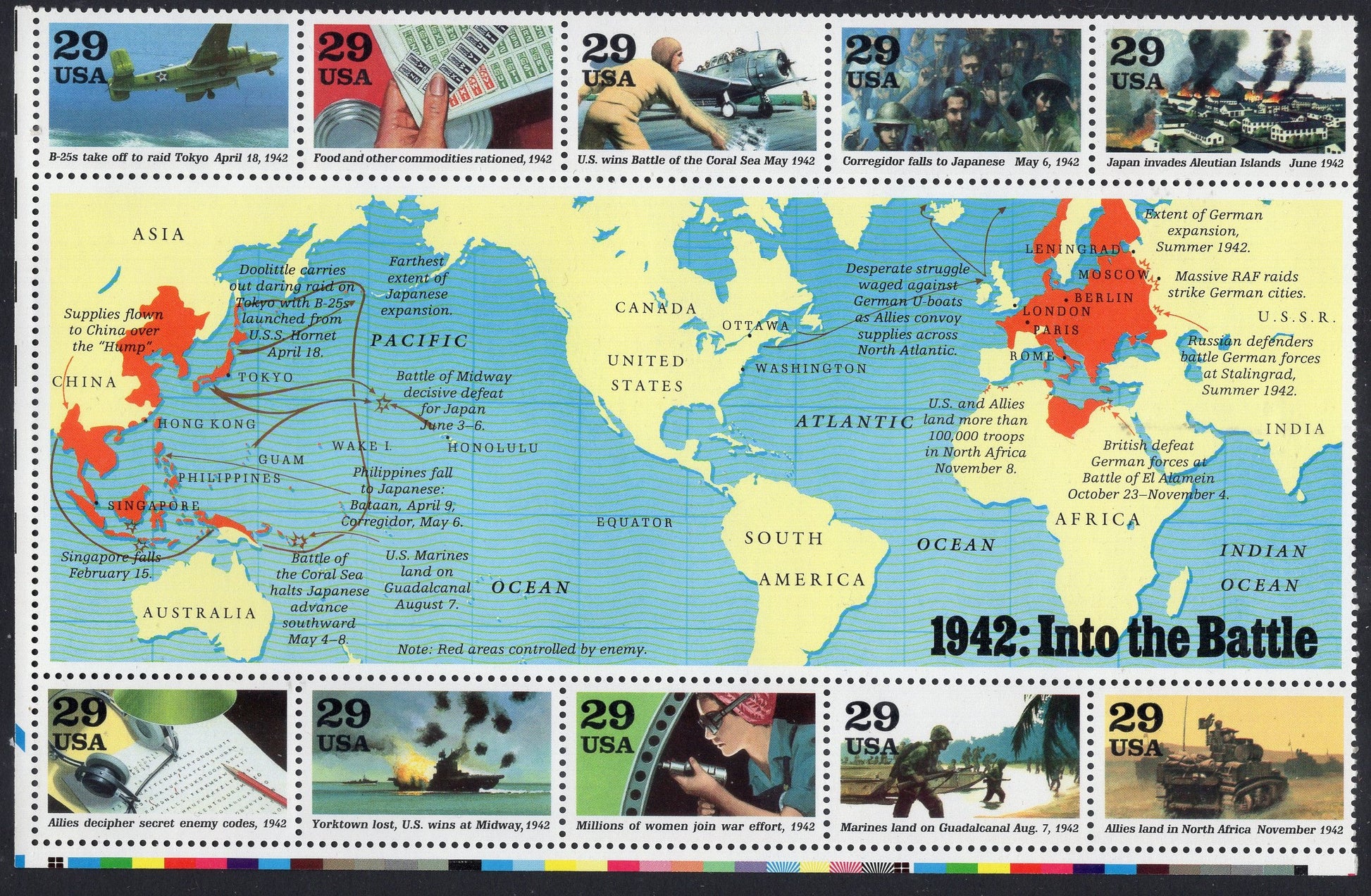 50 WORLD WAR II 2 United States Mint Stamps -Complete Collection of 5 Sheets of 10 (see 5 additional scans) - Vintage 1991-95 