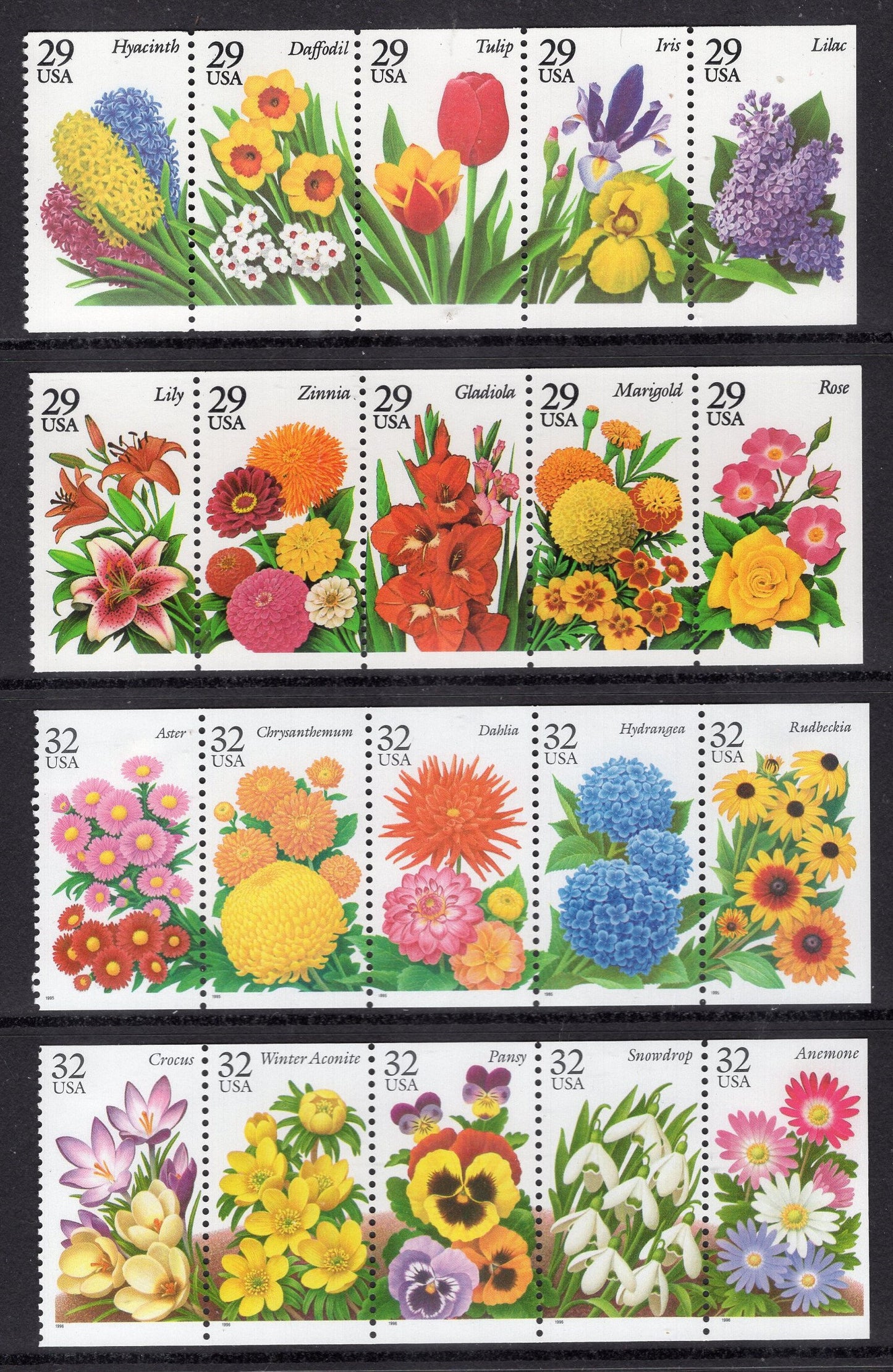 GARDEN FLOWERS BEAUTIFUL 20 Different 29c or 32c Exquisite Bright Hyacinth Tulip Lily Mum Crocus +15 More USa -Vintage 1993 