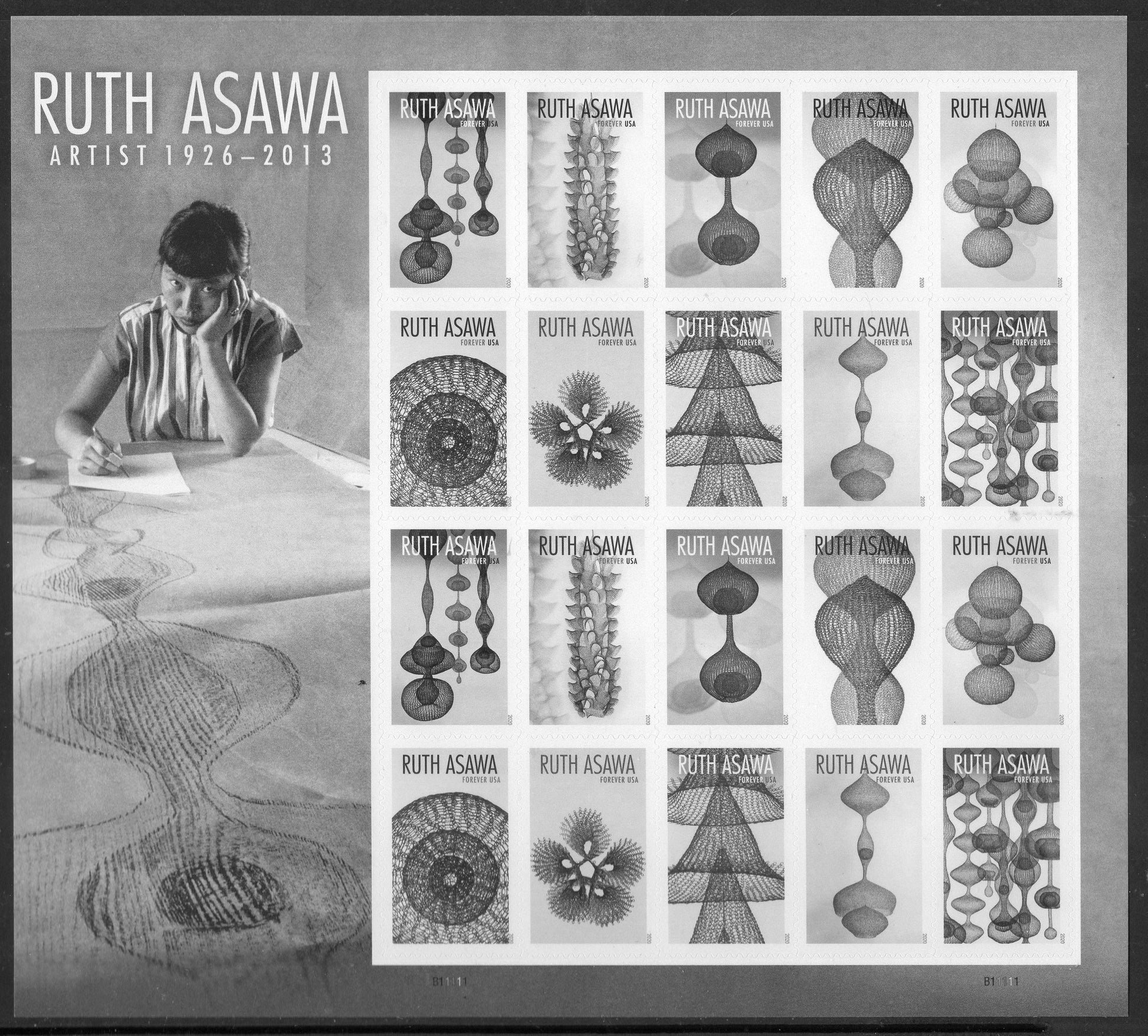 RUTH ASAWA DECORATIVE Sheet of 20 Stamps (2 each of 10 different Art Designs) Wedding Bright Fresh FreeUSA Ship