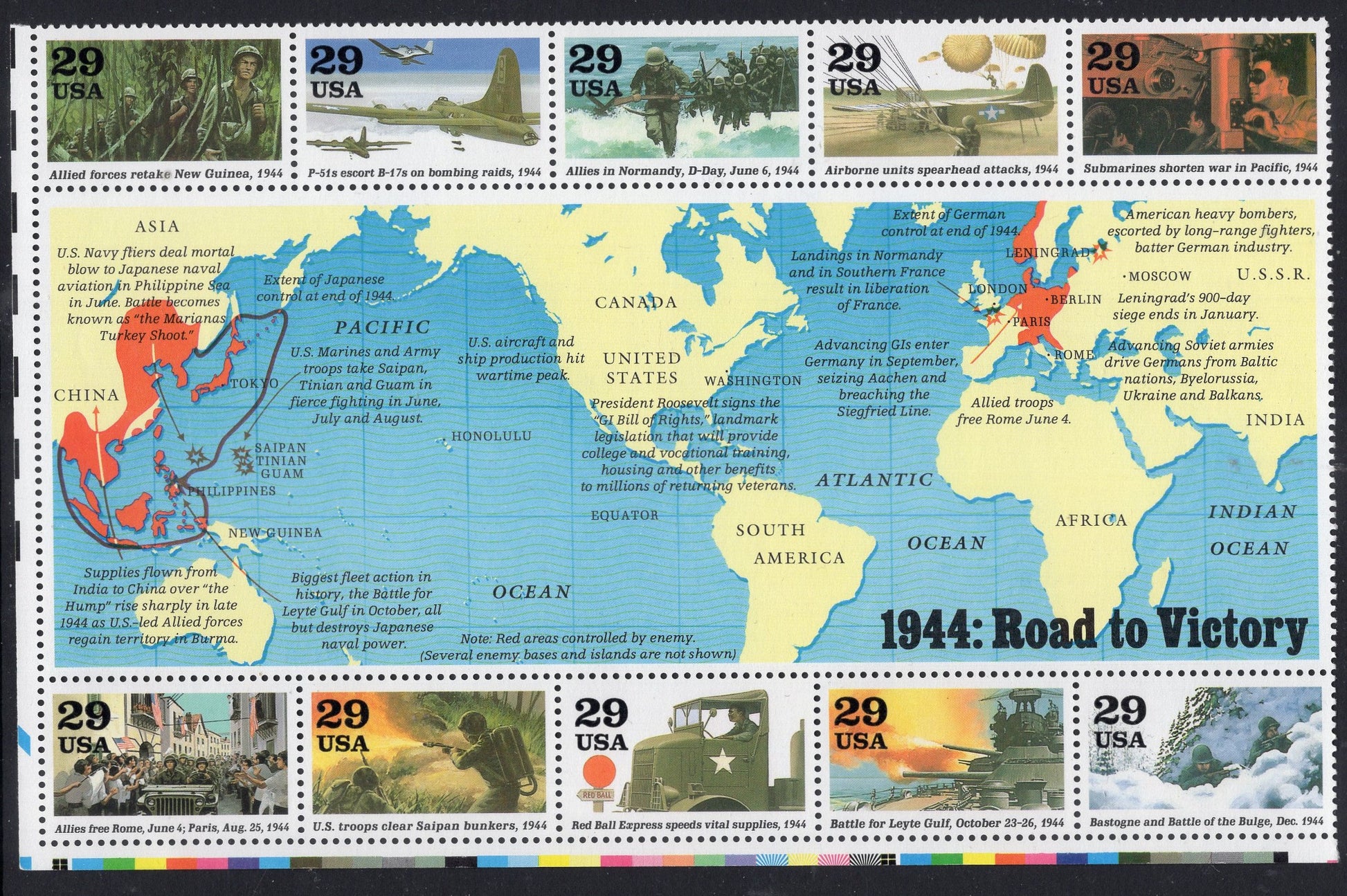 50 WORLD WAR II 2 United States Mint Stamps -Complete Collection of 5 Sheets of 10 (see 5 additional scans) - Vintage 1991-95 