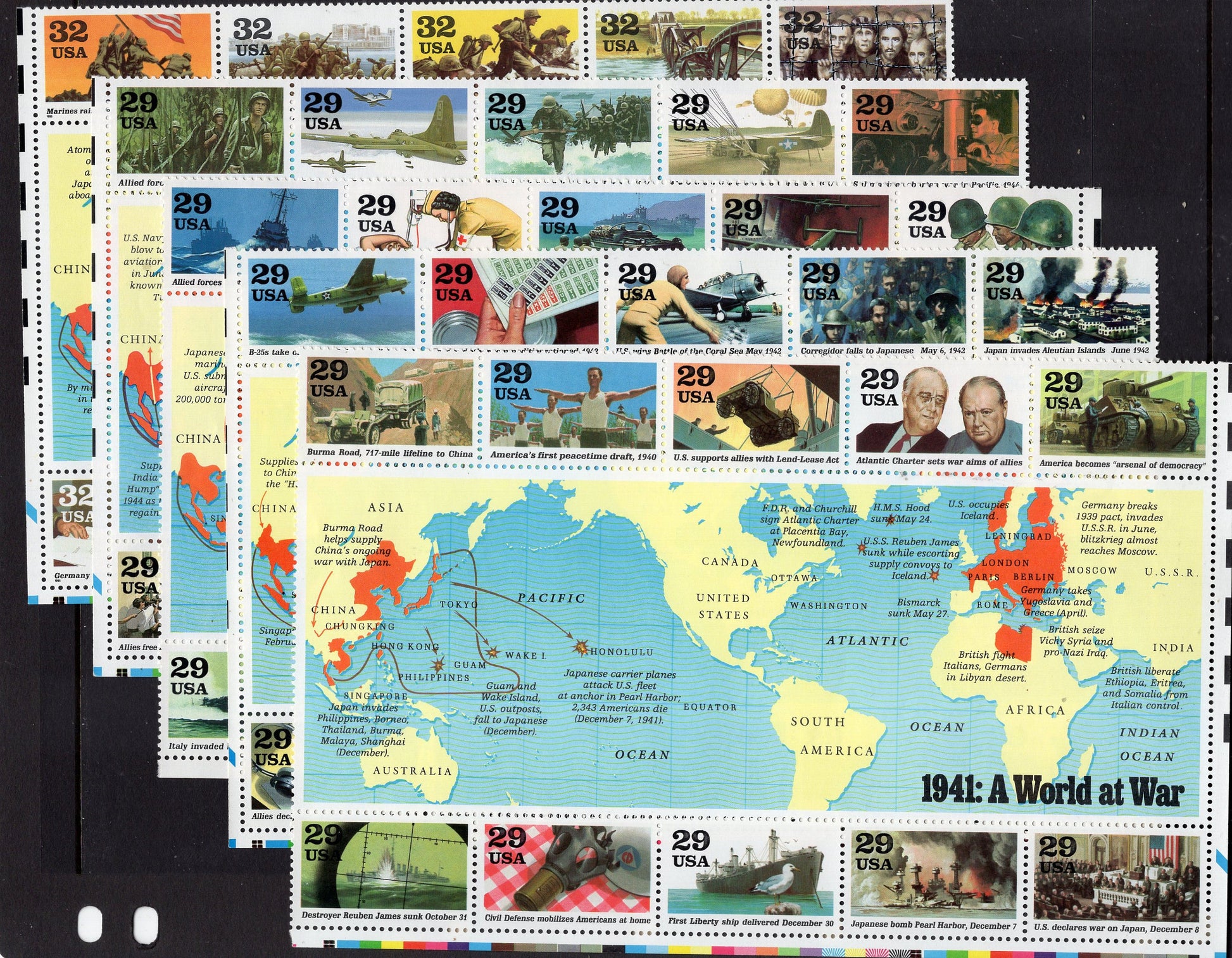 50 WORLD WAR II 2 United States Mint Stamps -Complete Collection of 5 Sheets of 10 (see 5 additional scans) - Vintage 1991-95 