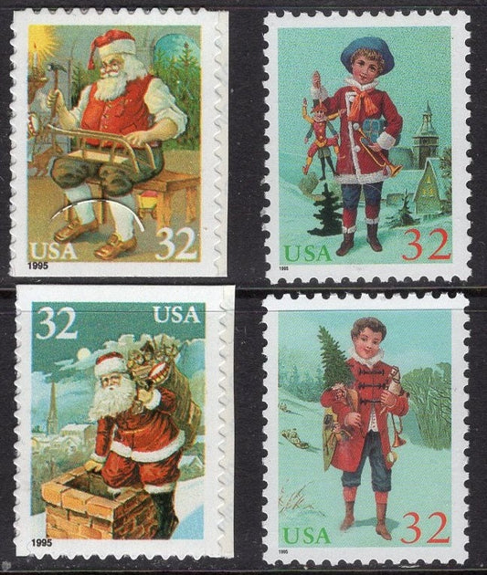 10 SANTA CLAUS CHRISTMAS Themes Chimney Sled Tree Jack Stamps (some self-adhesive, some water-active gum) Vintage-1995 St# 3004 FreeUSA Ship