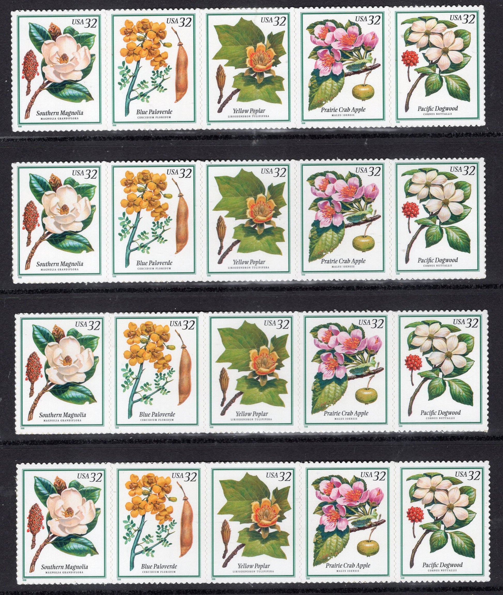 20 FLOWERING TREES inc MAGNOLIA Apple Dogwood Stamps (4 Strips of 5) 32c Self-adhesive for Weddings Invites - Vintage 1998 