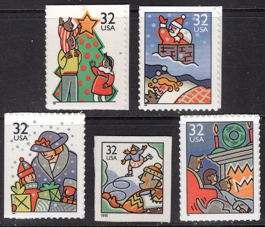10 SANTA CLAUS CHRISTMAS Themes Chimney Sled Tree Jack Stamps (some self-adhesive, some water-active gum) Vintage-1996 St# 3113 FreeUSA Ship