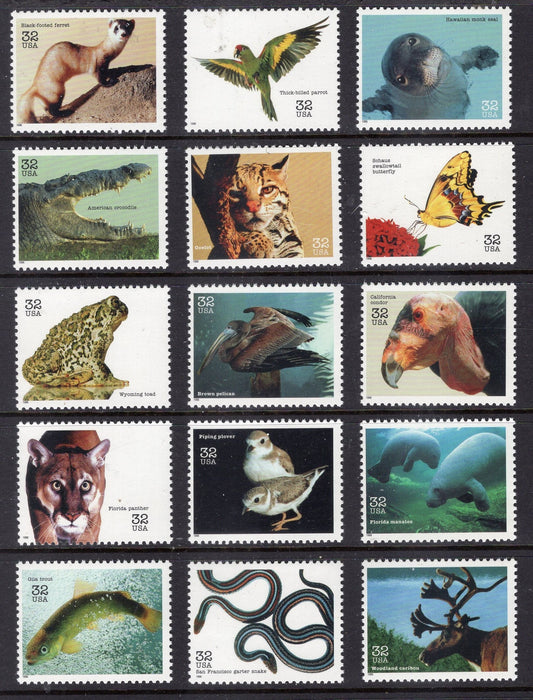 15 ENDANGERED SPECIES Pelican Parrot Croc Butterfly Snake Manatee Condor USA 32c Postage Stamps- Vintage 1996 - Stock# 3105a 