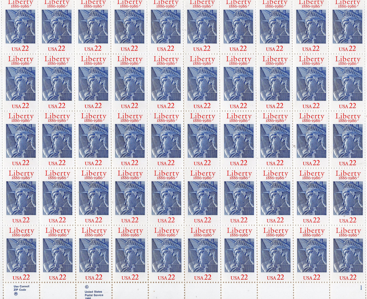 STATUE of LIBERTY 100th ANNIVERSARY Gift from France Sheet of 50 Stamps Bright, Fresh Postage Stamps - Vintage 1986 