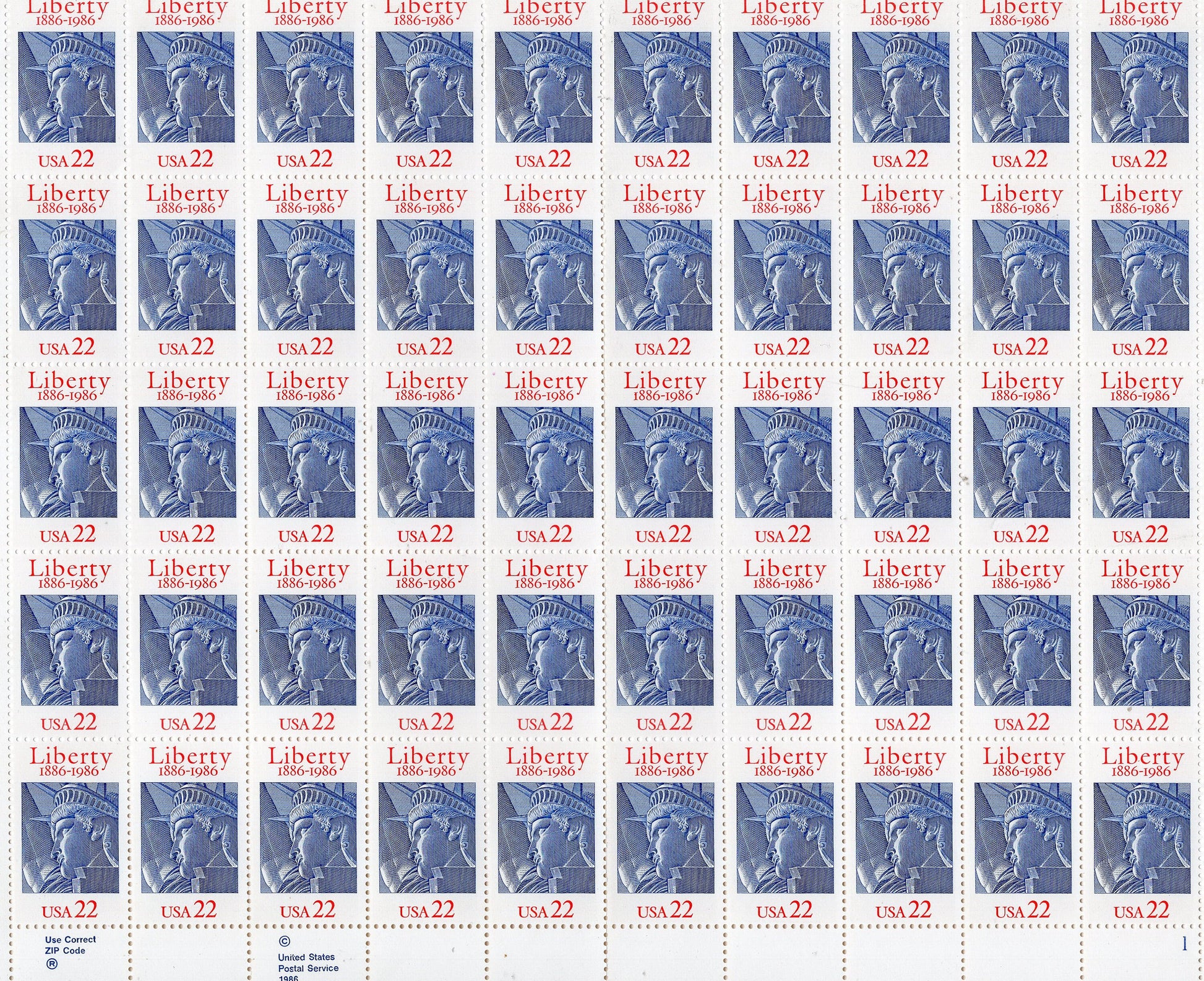 STATUE of LIBERTY 100th ANNIVERSARY Gift from France Sheet of 50 Stamps Bright, Fresh Postage Stamps - Vintage 1986 