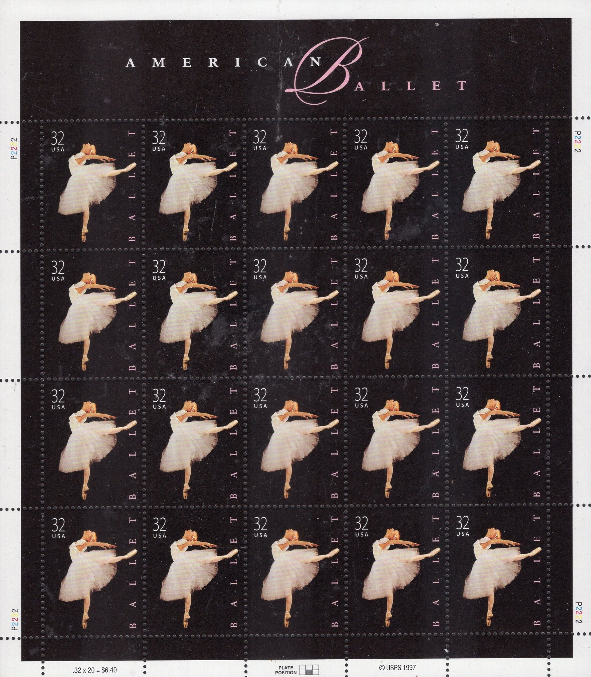 AMERICAN BALLET Sheet of 20 - 32c Bright Fresh Stamps - Useful for Weddings - Vintage 1998 - Stock#3237 