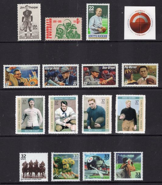 FOOTBALL COMPLETE COLLECTION of 16 United States Postage Stamps (5 scans) in Fresh Bright Mint Condition - Vintage 1969/on 