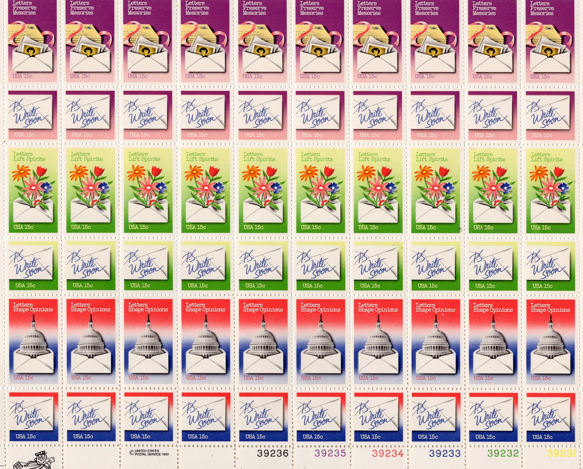 LETTERS-Please WRITE SOON Sheet of 60 15c Stamps - Great for college students to use 4 at a time to write a real letter home! -Vintage 1980