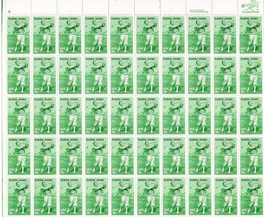 GOLF GREAT BOBBY Jones Sheet of 50 18c Stamps - Greatest Amateur Ever - Grand Slam Winner - Vintage 1981 ping