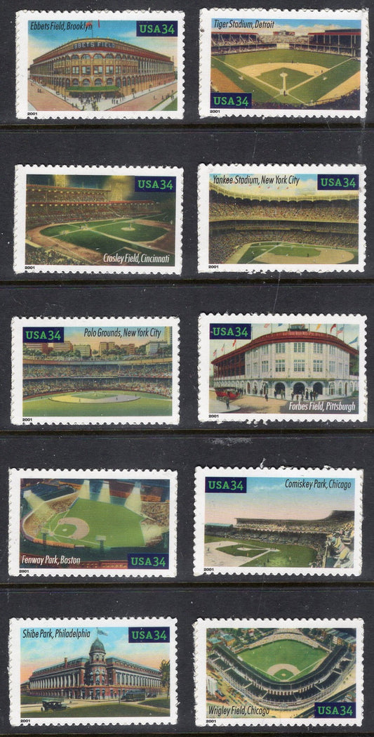 10 BASEBALL LEGENDARY STADIUMS Playing Fields Parks 10 Singles w/Back Text - Bright, unused Stamps - Vintage 2001- 3510B