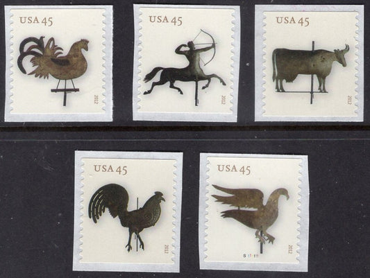 10 WEATHERVANE WEATHER Vane 45c (5 Different Stamp Designs) Rooster Cow Eagle Centaur Fresh Bright - Vintage 2012 