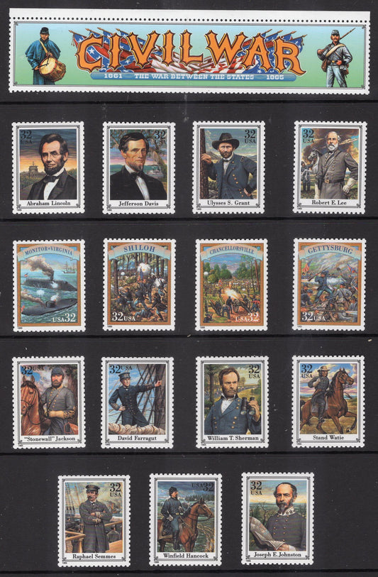 15 CIVIL WAR Battles and Leaders w/TEXT on Reverse Collection of Fresh Bright Never Hinged Postage Stamps - Vintage 1995 