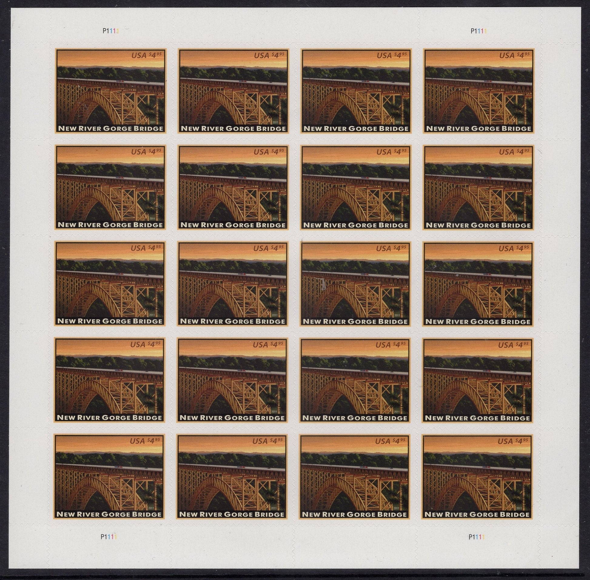 NEW RIVER GORGe Bridge SHEET of 20 SCARCe West Virginia National Park - Bright Fresh Stamp - Vintage 2011 Stock# 4511 