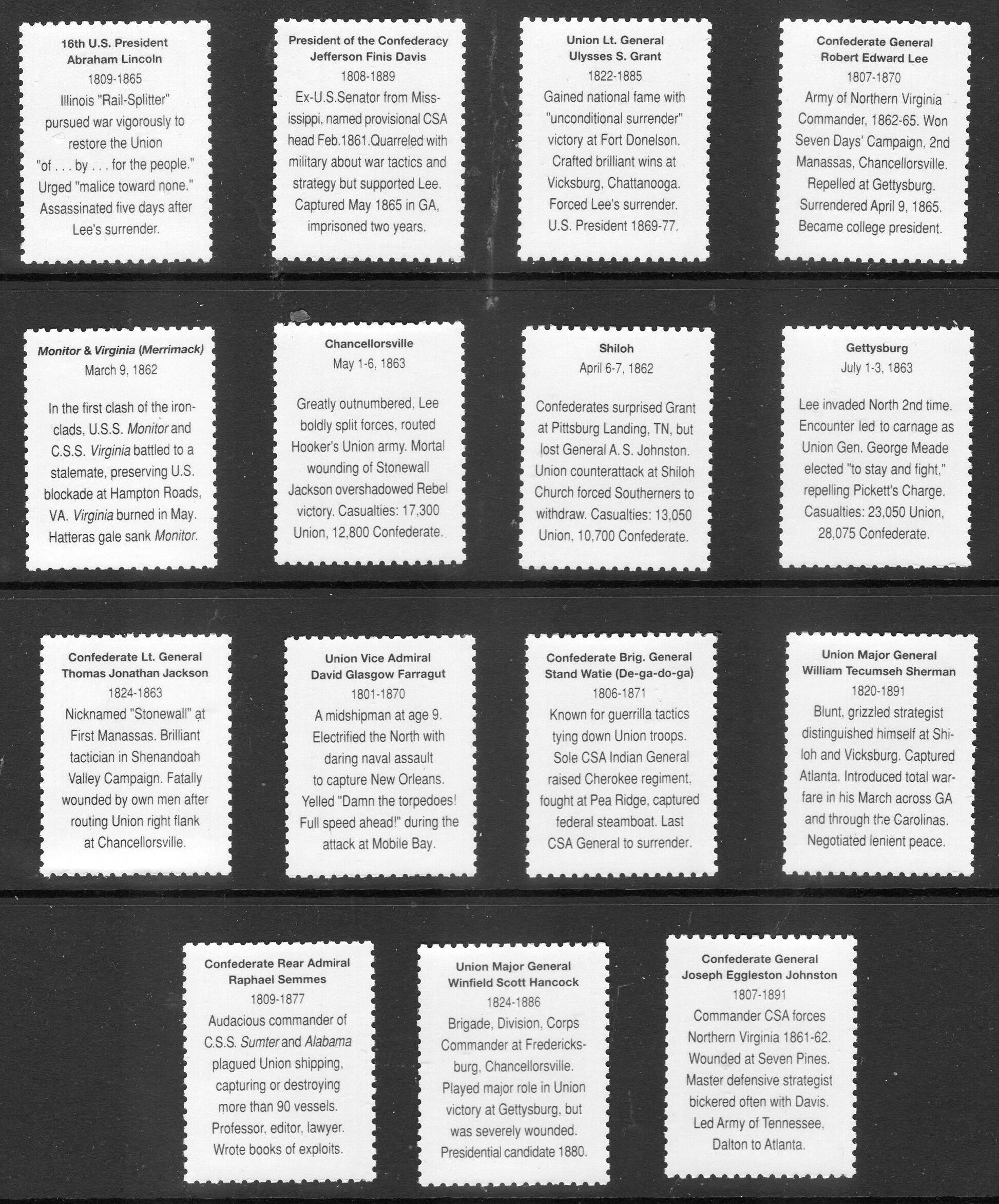 15 CIVIL WAR Battles and Leaders w/TEXT on Reverse Collection of Fresh Bright Never Hinged Postage Stamps - Vintage 1995 