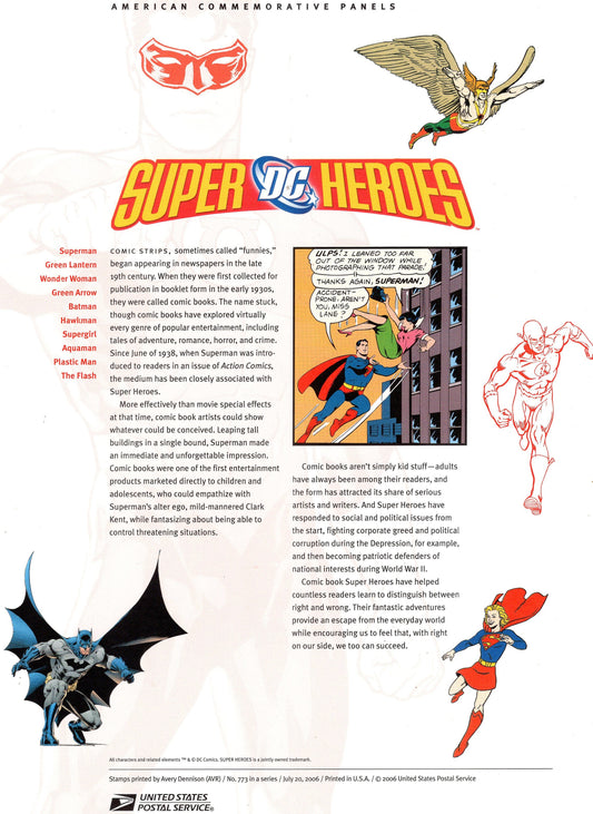 SUPER HEROES Two Special Commemorative Panels Superman BATMAN + Actual Stamps + Illustrations and Text Great Gift 8.5x11 '06 