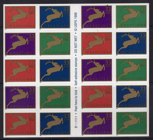 REINDEER HOLIDAY CHRISTMAS Winter Sheet of 20 33c Self-Adhesive Bright Fresh Postage Stamps - Vintage 1999 - Stock# 3356 