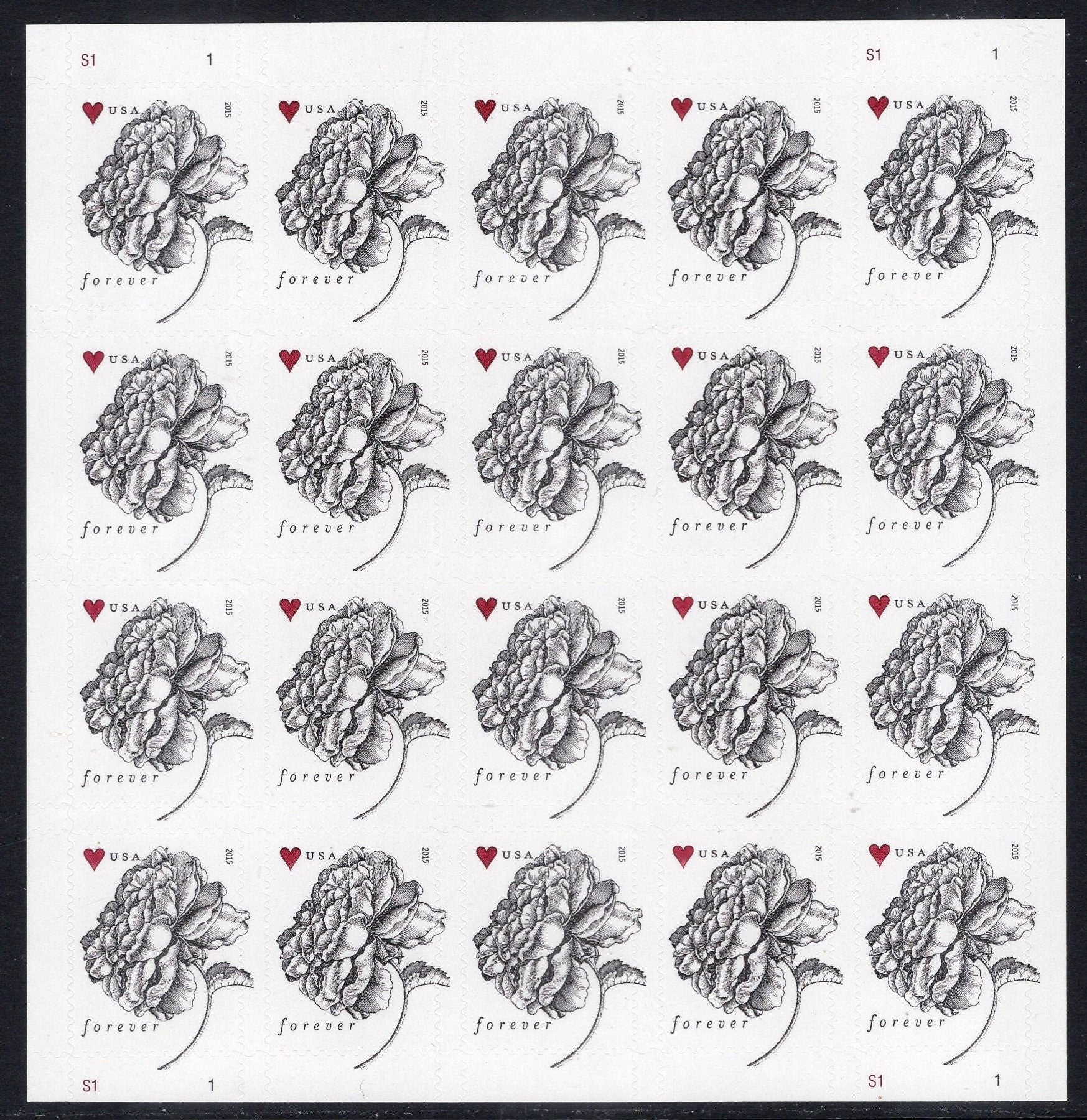 VINTAGE ROSE GENUINE Weddings Invitations Forever Sheet of 20 Usa Stamps Bright, Fresh - Vintage 2015 - Stock#4959 