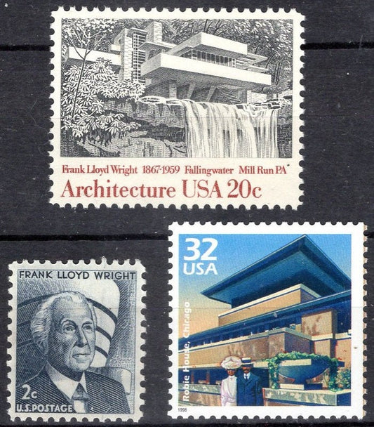 6 Frank Lloyd WRIGHT Collection FALLINGWATER GUGGENHEIM Robie House - Two Each - Unused Fresh Bright American Postage Stamps 