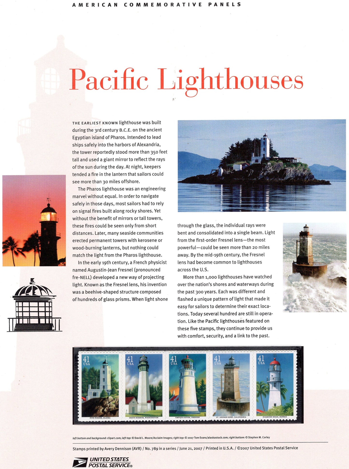 PACIFIC COAST LIGHTHOUSES Strip of 5 Commemorative Panel with 5 Stamps Illustrations Text Great Gift 8.5x11-2007 