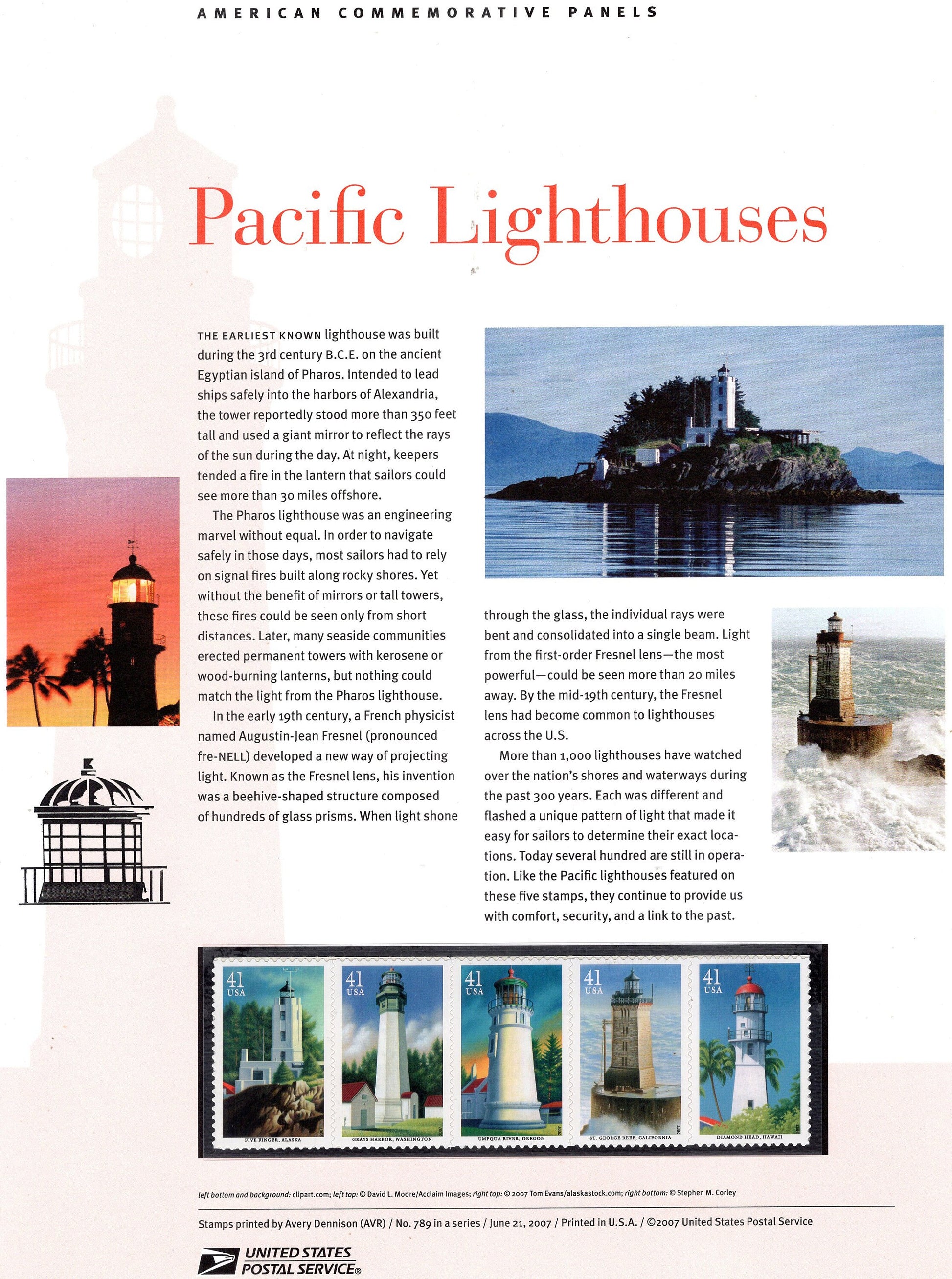 PACIFIC COAST LIGHTHOUSES Strip of 5 Commemorative Panel with 5 Stamps Illustrations Text Great Gift 8.5x11-2007 