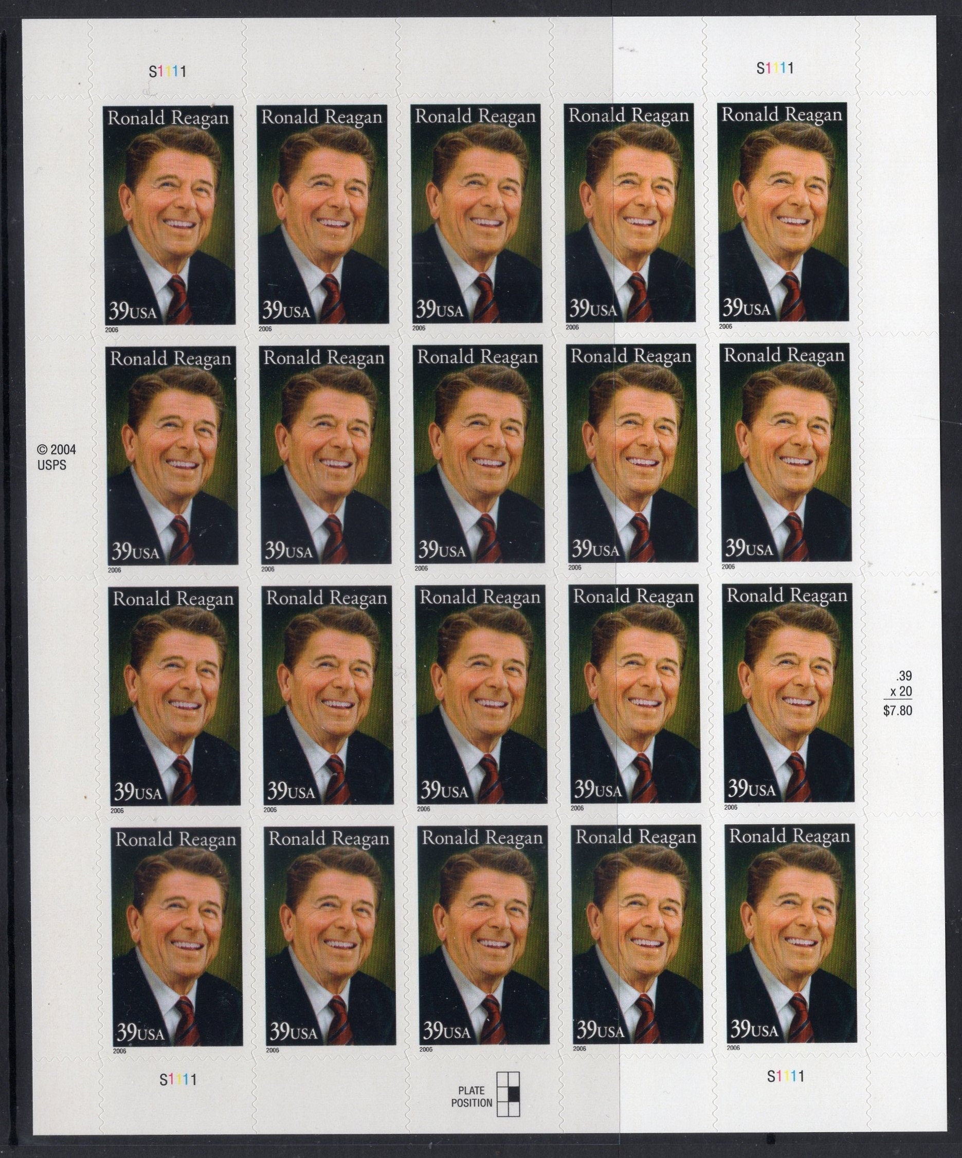 RONALD REAGAN Sheet of 20 40th PRESIDENT Fresh Bright Unused USa Postage Stamps -Quantity Available-Vintage 2005 - Stock# 3897