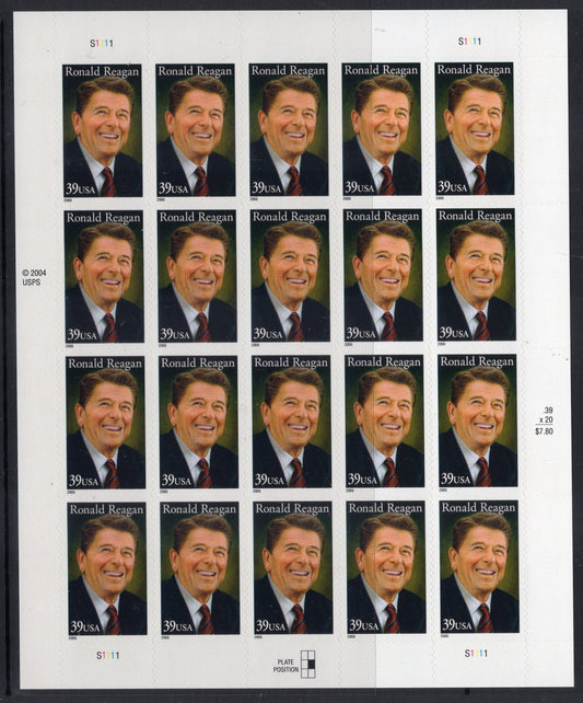 RONALD REAGAN Sheet of 20 40th PRESIDENT Fresh Bright Unused USa Postage Stamps -Quantity Available-Vintage 2005 - Stock# 3897