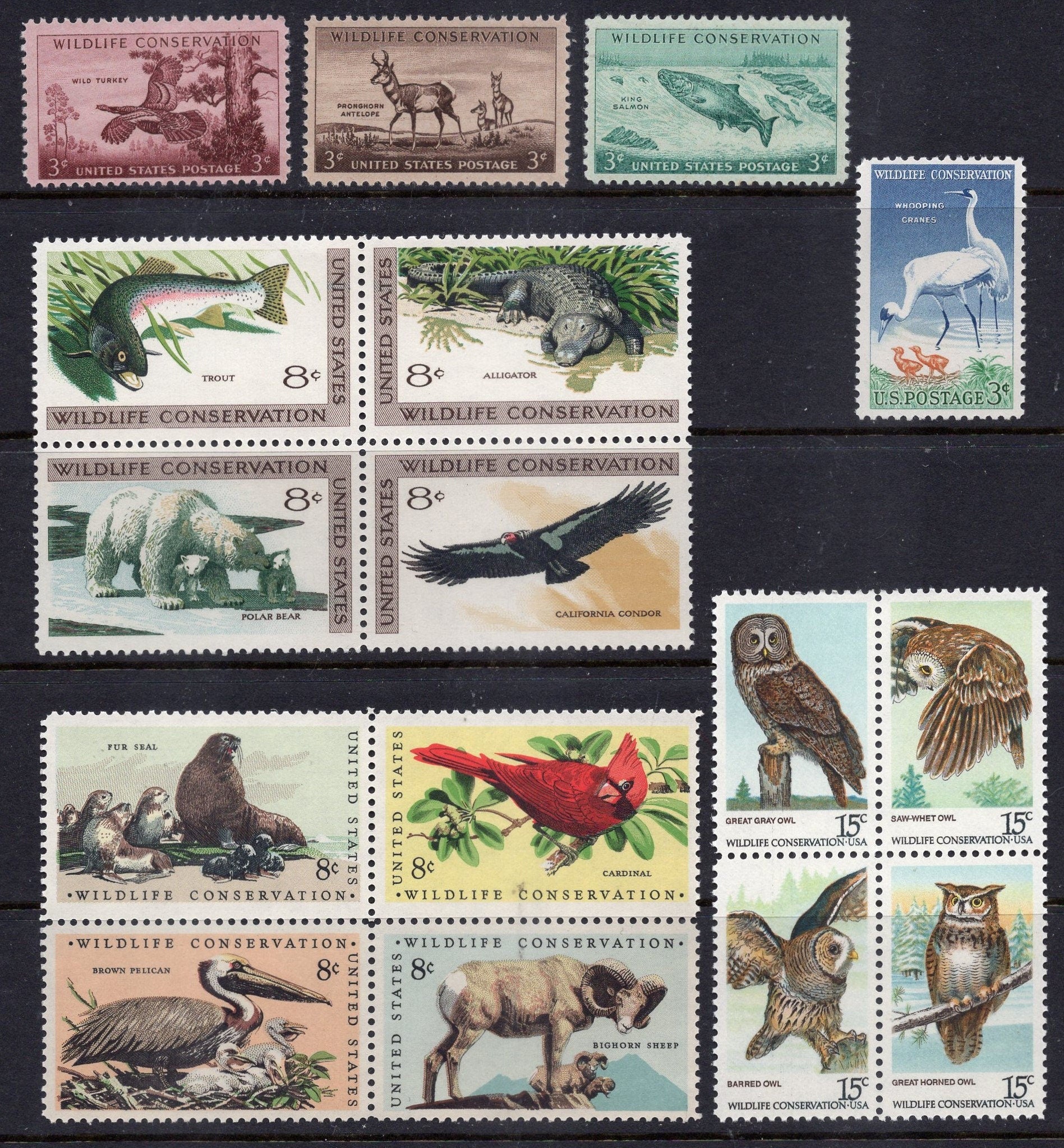 WILDLIFE CONSERVATION Collection 1956-1978 16 MINT Stamps Turkey Antelope Fish Polar Bear Birds Crane Cardinal Sheep Owls Seal