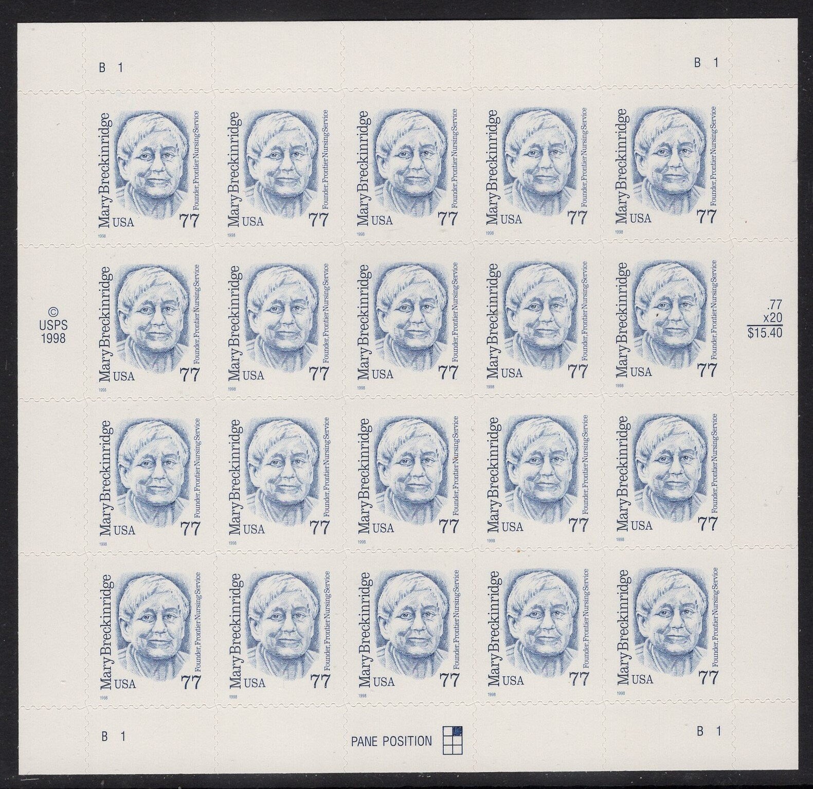 MARY BRECKENRIDGE NURSE Midwife Founder Frontier Nursing Service 77c Self-adhesive Famous Women Stamps - Vintage 1998