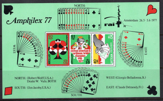 4 Sheets of PLAYING CARDS - BRIDGE Championship Deal each with 3 Netherlands Antilles Stamps as shown - Vintage 1977 