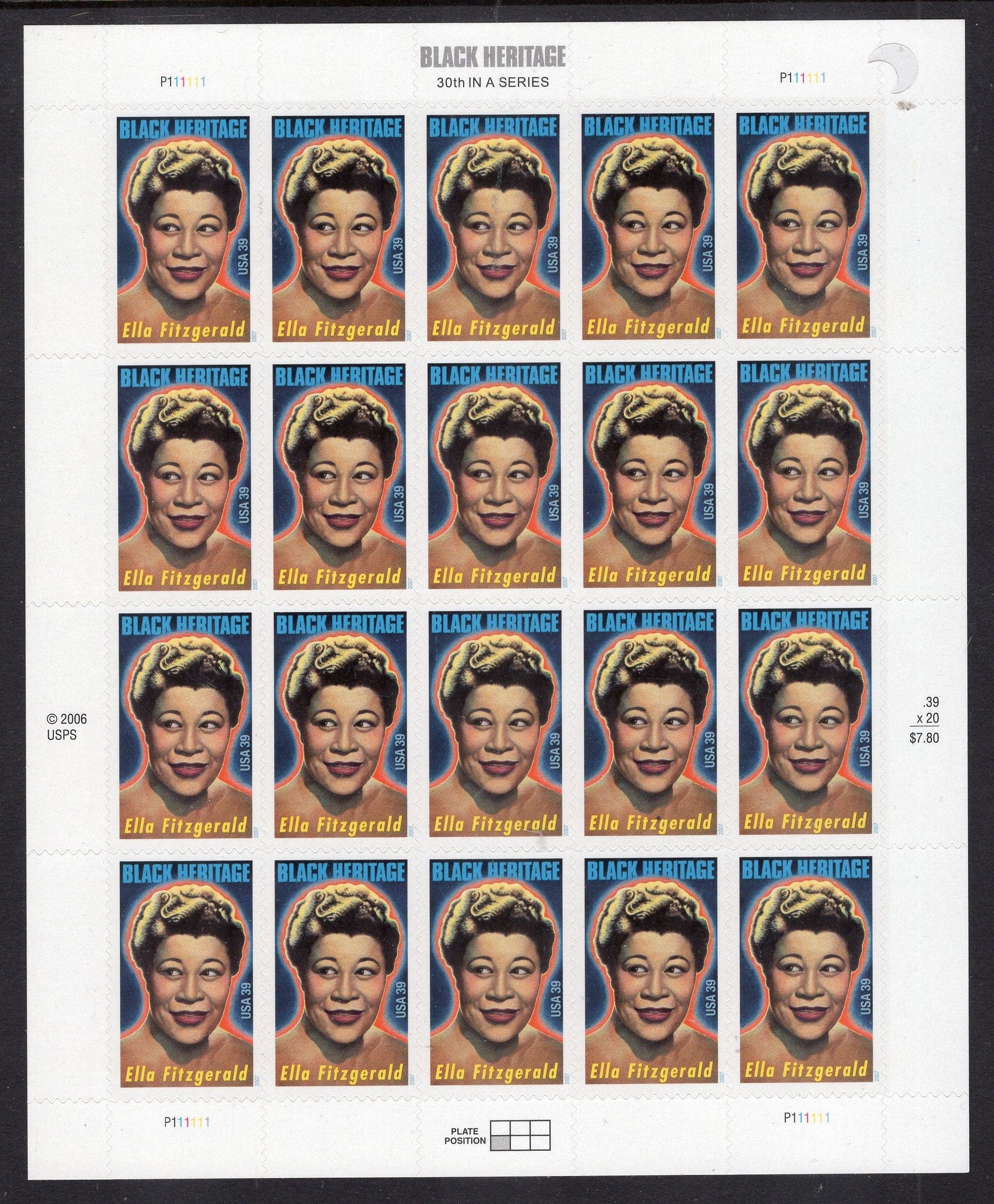 ELLA FITZGERALD HERITAGE Black American Singer Scat Sheet of 20 Stamps Fresh, Bright - Vintage 2007 Stock# 4120 