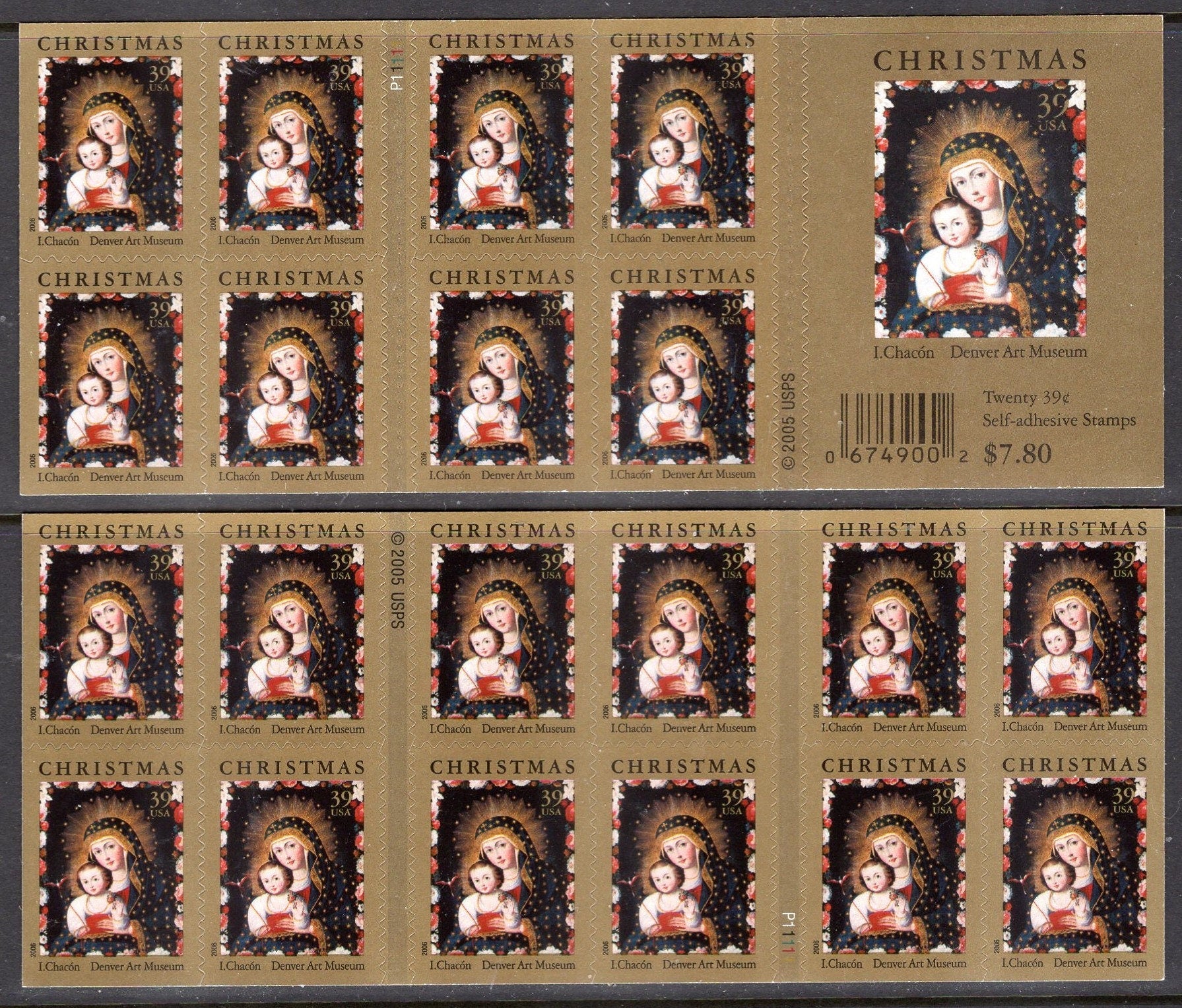 20 CHRISTMAS MADONNA with BIRD by Chacon Fresh Bright 39c Self-adhesive Postage Stamps Quantity Available 