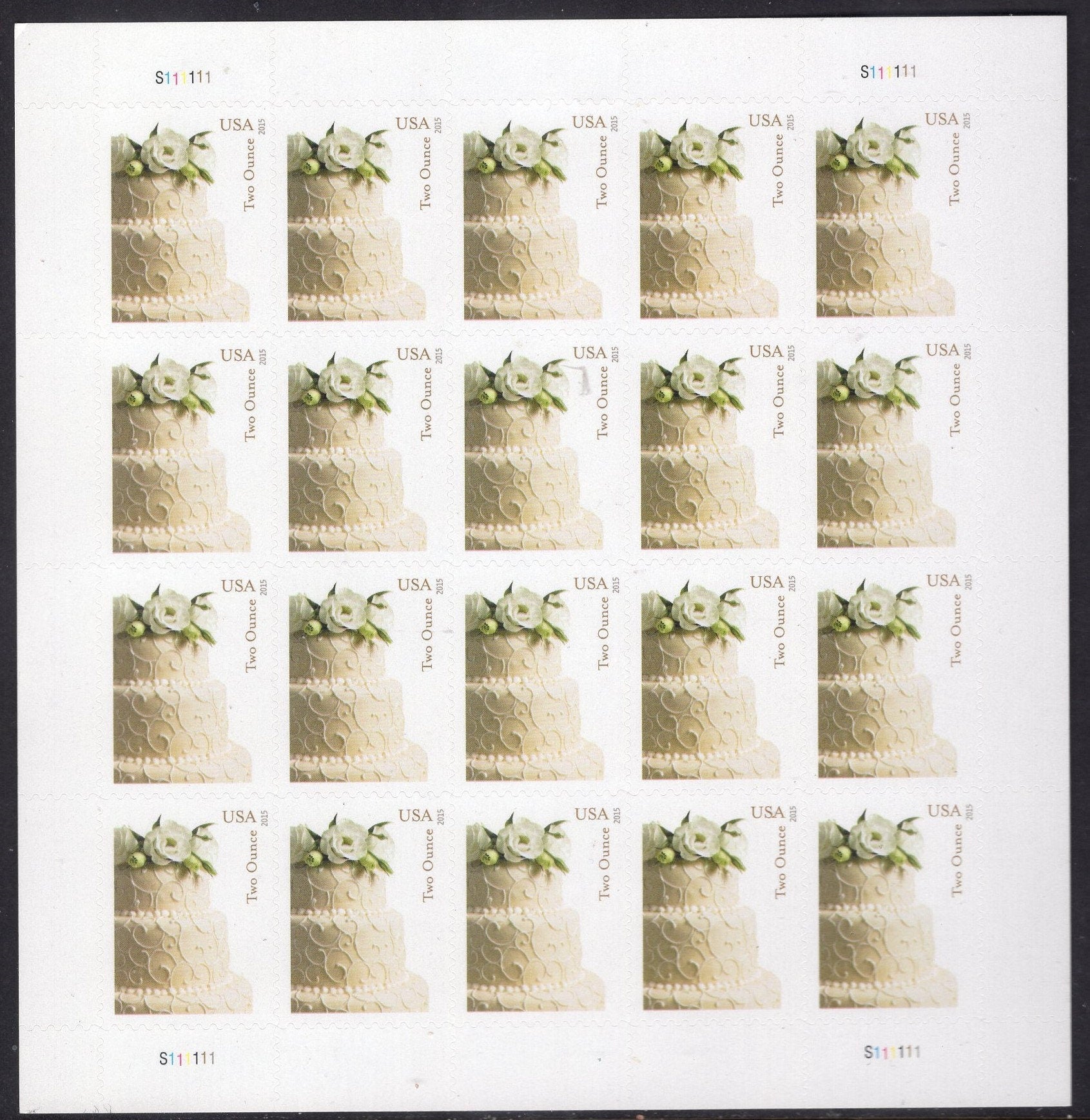 TWO OUNCE Rate WEDDING Cake Flower Sheet of 20 Self-adhesive Postage Stamps Invitations Thank You Save-the-Date- Vintage 2015-FreeUSA Ship