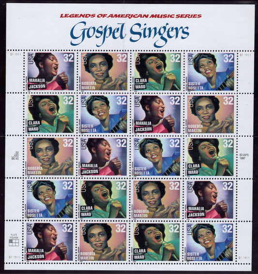 GOSPEL SINGERS MUSIC Mahalia Jackson Roberta Ward Martin Tharpe Black Americans Sheet of 20 Fresh - Vintage 1998 - Stock# 3216