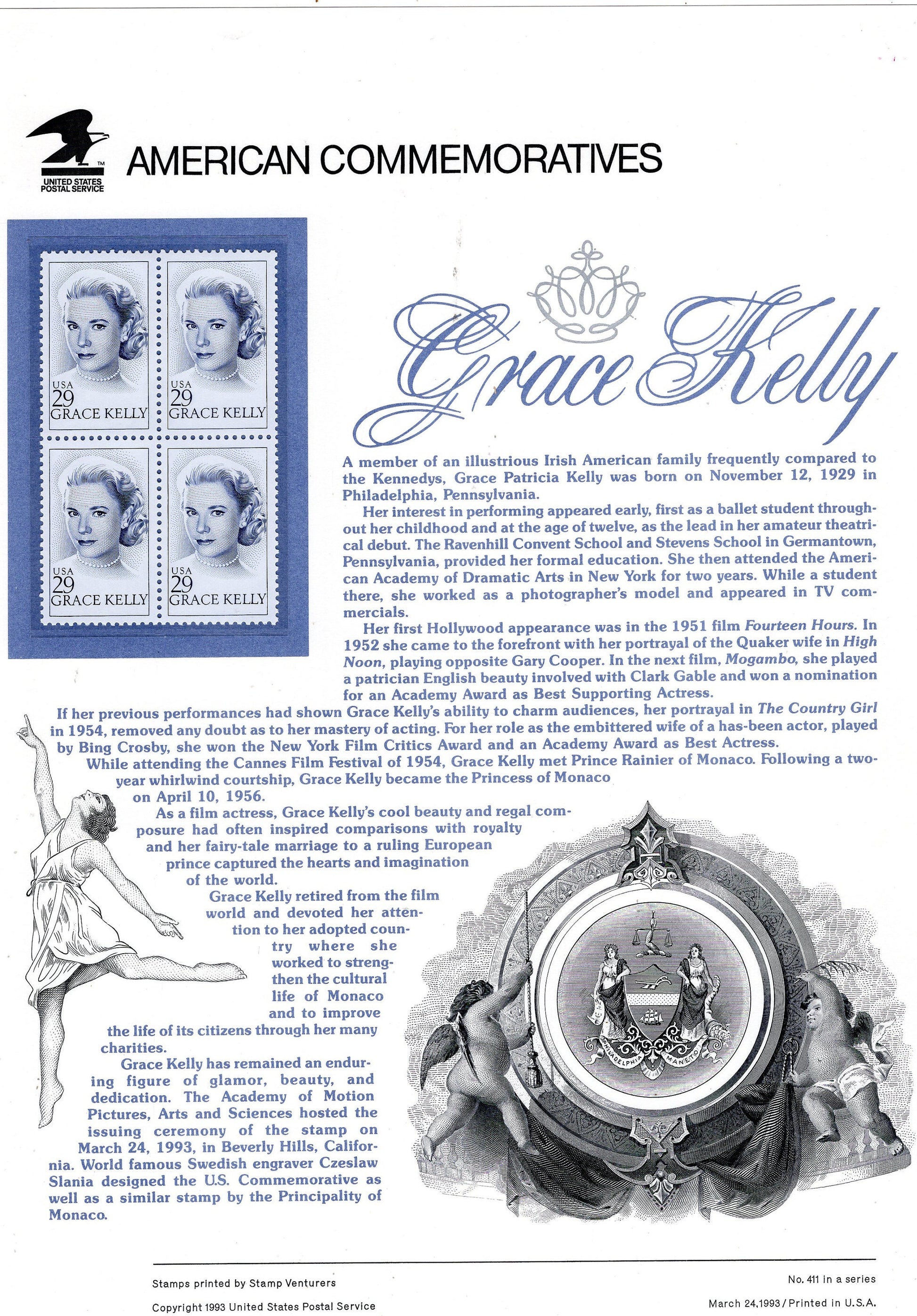 GRACE KELLY LEGENDARY Actress Special Commemorative Panel plus Actual Stamps + Illustrations and Text Great Gift 8.5x11 '93 